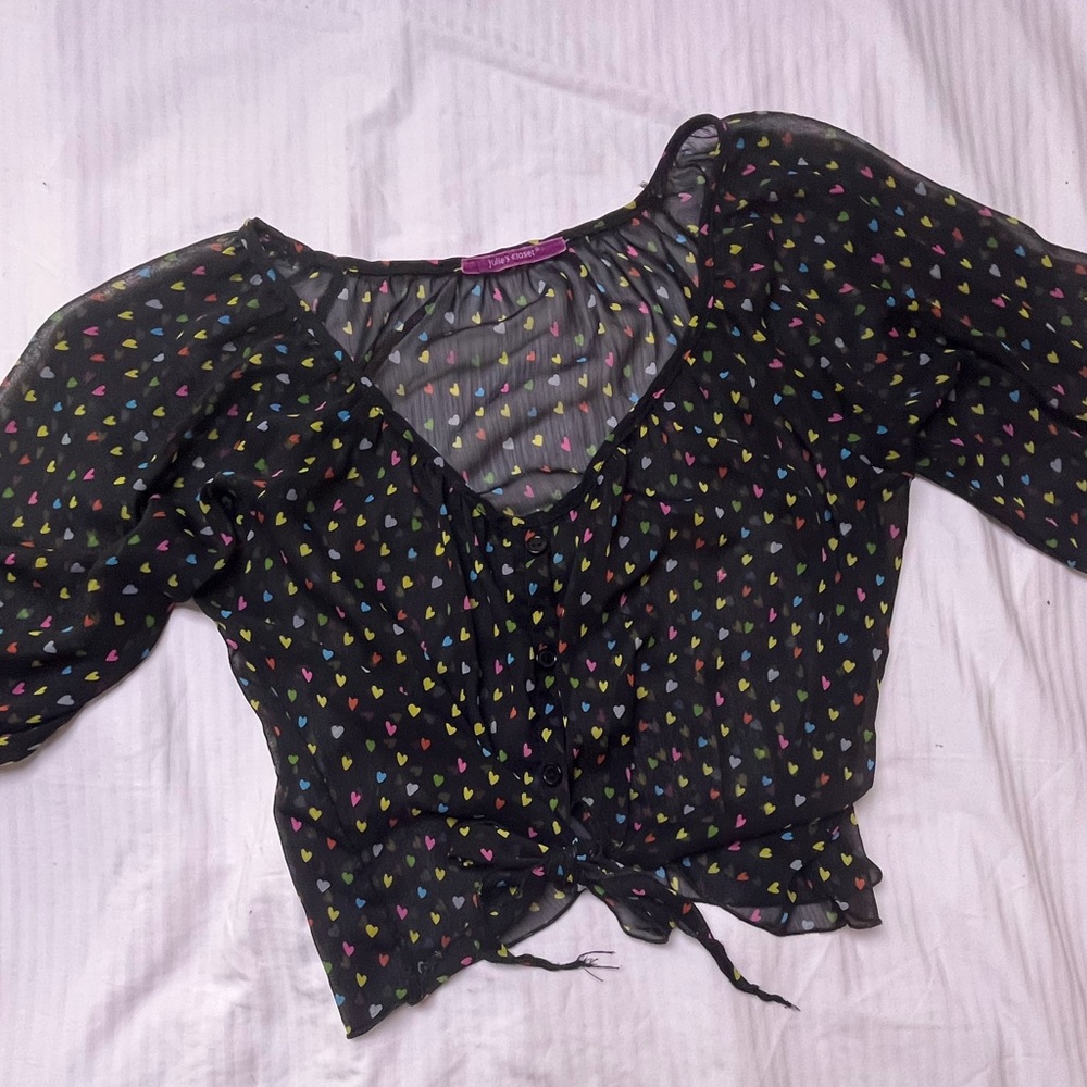 Multi colored heart sheer black top